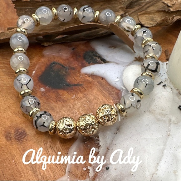 Rutile/white rutilated quartz beaded handmade bracelet metallic gold lava rock - Picture 1 of 6